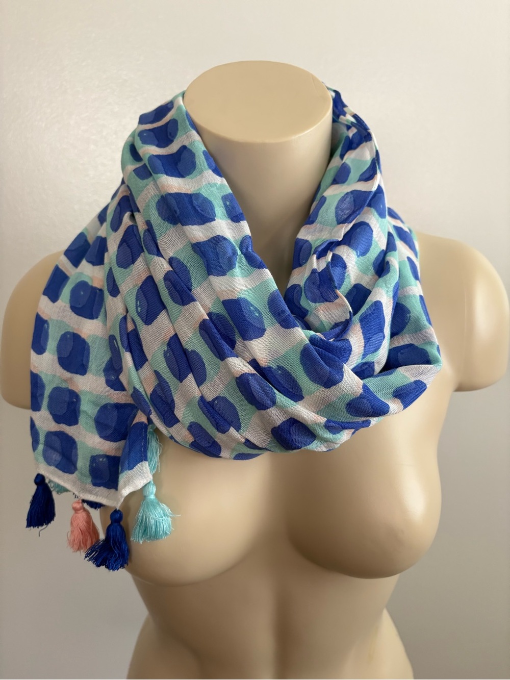 Kate Spade Island Stamp Blue & Seafoam Polka Dot Scarf W/ Tassels